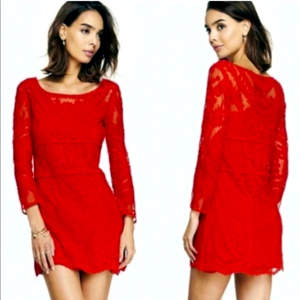 Express| NWT|Bold Red Lace Mini Dress| Long Sleeve Size XS